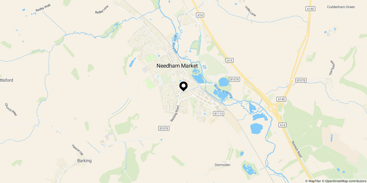 Approximate location of Grinstead Gardens, Needham Market, Suffolk