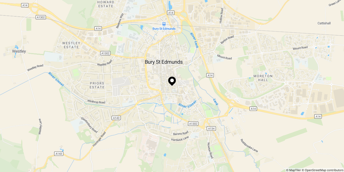 Approximate location of Angel Lane, Bury St. Edmunds, IP33 1RF